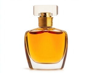 Elegant glass perfume bottle with golden amber liquid and a clear, faceted cap on a white background.