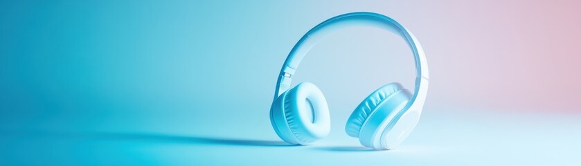 White wireless headphones resting on a blue surface with a gradient blue and pink background.