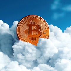 A shiny Bitcoin coin emerges from fluffy clouds against a bright blue sky, symbolizing digital currency and cryptocurrency growth.