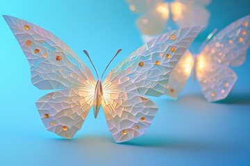 Delicate stained glass butterfly sculpture illuminated with warm light against a soft blue background.