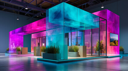Colorful digital trade show booth with neon glass panels and modern displays