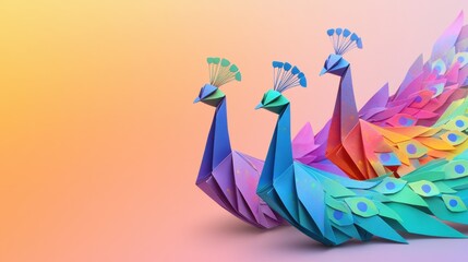 Three colorful origami peacocks with intricate geometric patterns and vibrant feathers against a soft gradient background.