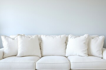 A minimalist white sofa with five cushioned pillows against a plain light gray wall.