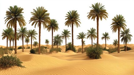 Palm trees growing in a sandy desert with clear white sky, creating a peaceful oasis-like scene.