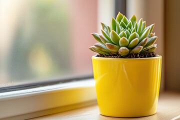 A green succulent plant in a vibrant yellow pot sits on a windowsill with diffused natural light creating a cozy and fresh indoor atmosphere.