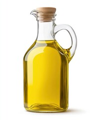 Clear glass bottle filled with golden olive oil, sealed with a wooden cork, isolated on a white background.