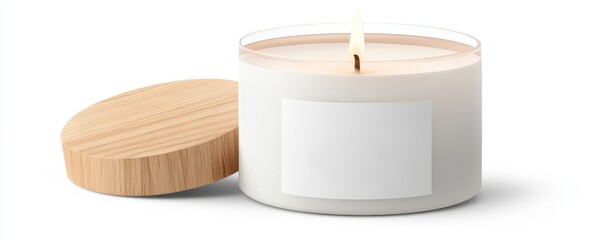 A white scented candle with a wooden lid, lit and emitting a warm glow, placed on a white surface with a blank label on the front.