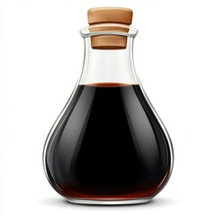 A glass bottle with a wooden stopper containing a dark liquid, likely soy sauce or balsamic vinegar.
