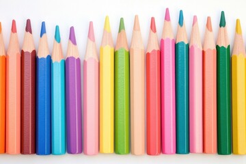 A colorful row of sharpened colored pencils arranged vertically on a white background.