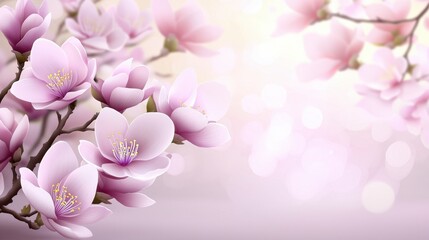 Soft pink cherry blossoms bloom on delicate branches against a dreamy, pastel bokeh background.