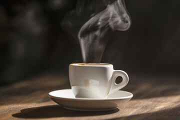 A steaming cup of coffee on a white saucer sitting on a wooden table with a dark blurred background