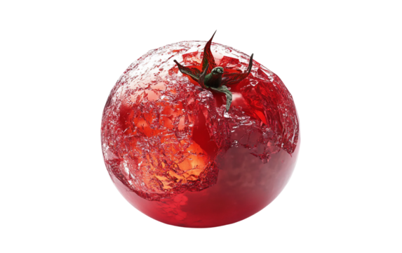 Surreal transformation of a fresh tomato turning into a luminous red gem isolated on transparent background PNG