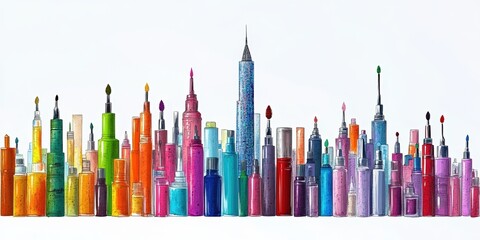 Creative illustration of a city skyline built entirely from colorful cosmetic containers and makeup applicators