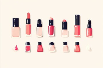 Flat illustration of various nail polish bottles and cosmetic containers in soft pink and coral tones on a light background