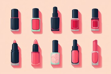 Flat illustration of assorted red and pink nail polish and lipstick bottles with long shadows on a pastel background
