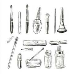 Pencil sketch of a manicure and makeup set with brushes, bottles, tools and cosmetic accessories on a white background