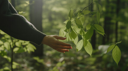 A hand reaching out to touch green leaves on a branch in a lush forest during a sunny day outdoors
