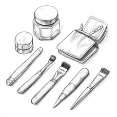 Pencil sketch of manicure tools, cosmetic brushes, and cream jars arranged with a folded kit on a white background