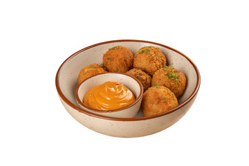 Italian cheese balls with a dip on a Transparent PNG background