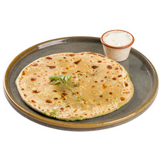 Authentic Indian Aloo Paratha with curd on the side on a Transparent PNG background