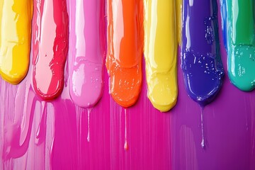 Glossy puddles of colorful nail polish dripping in vibrant rainbow hues on a smooth gradient background