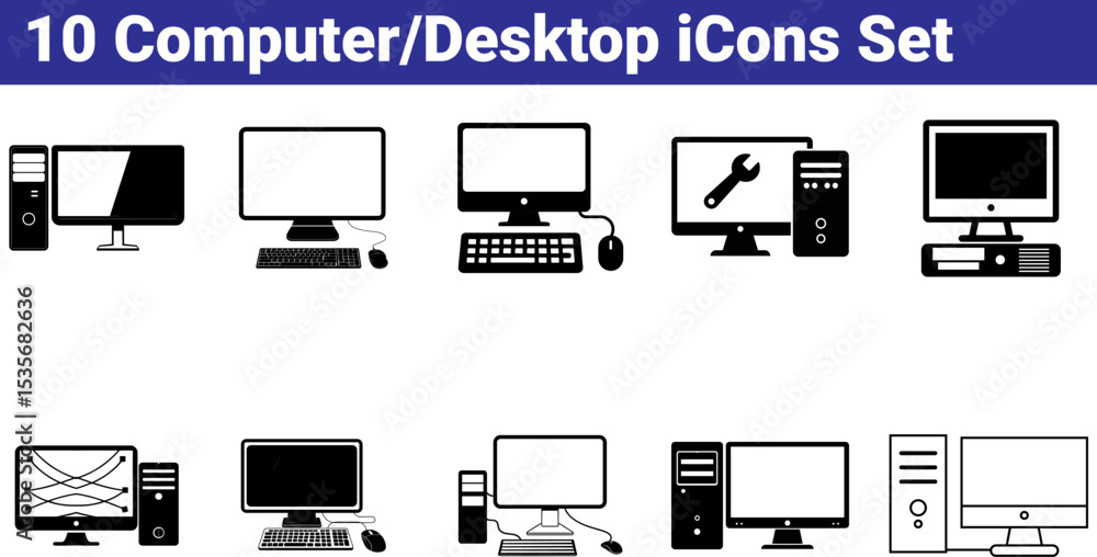 Poster computer desktop pc icon set | black & white vector illustrations for tech and web design
