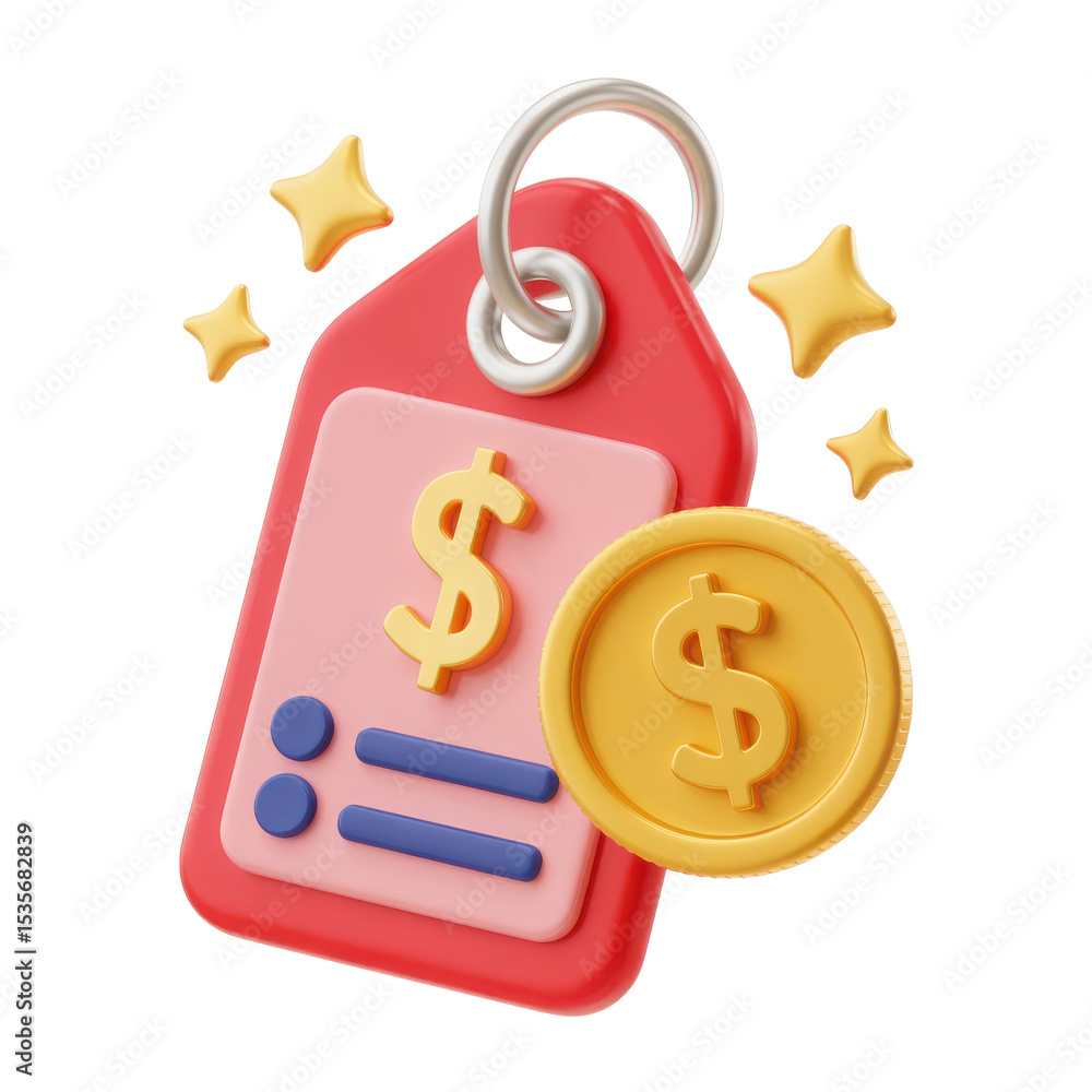 Poster 3d render of price tag with coin isolated on transparent background