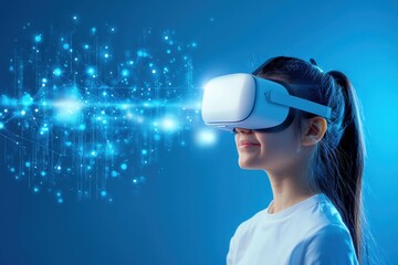A young woman experiences virtual reality using a VR headset, surrounded by futuristic digital data and light effects on a blue background.