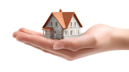 Hand cradling a miniature house symbolizing real estate home ownership insurance and secure financial planning. isolated on white transparent