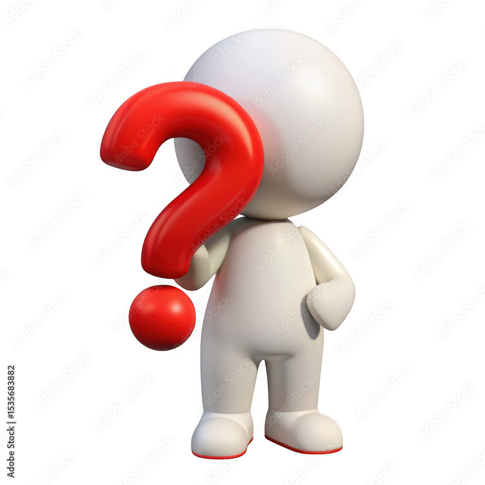 Poster 3d render of curious character holding question mark isolated on transparent background