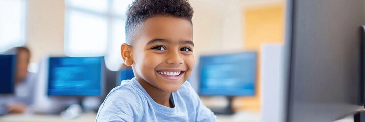 A smiling young boy sits at a computer in a bright classroom, engaged and happy while learning with technology.