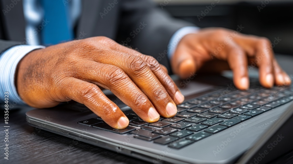 Poster close-up of a person's hands typing on a laptop keyboard in a professional setting