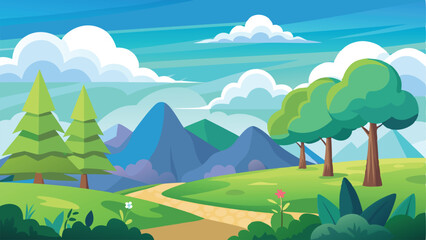 Cartoon Landscape with Trees, Mountains, Clouds, and a Path, Bright Colorful Scene