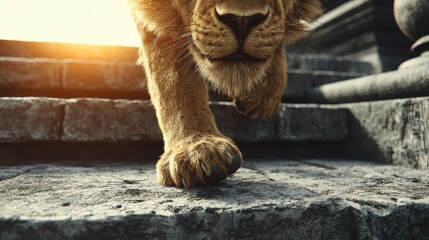 Close-up of a lion cub walking on stone steps during sunset, showcasing its paw and face with a warm glow