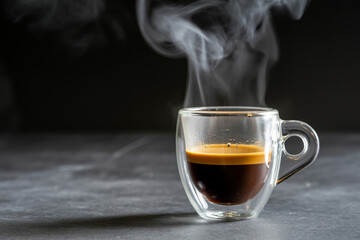 A clear glass cup filled with dark coffee and crema with steam rising on a gray surface backdrop
