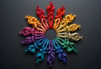 Circular arrangement of colorful fabric bundles on a dark gray surface forming a rainbow pattern