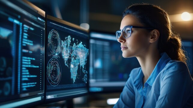 Woman analyzing digital maps and data visualizations on multiple screens in a futuristic office setting. - Powered by Adobe