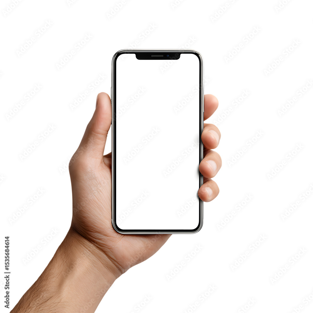 Wall mural hand holding modern smartphone with blank white screen for mockup design displaying application webs