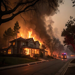 Suburban house fully ablaze, street surrounded by smoke and light