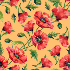 Elegant red poppies with buds on a background, seamless watercolor pattern.