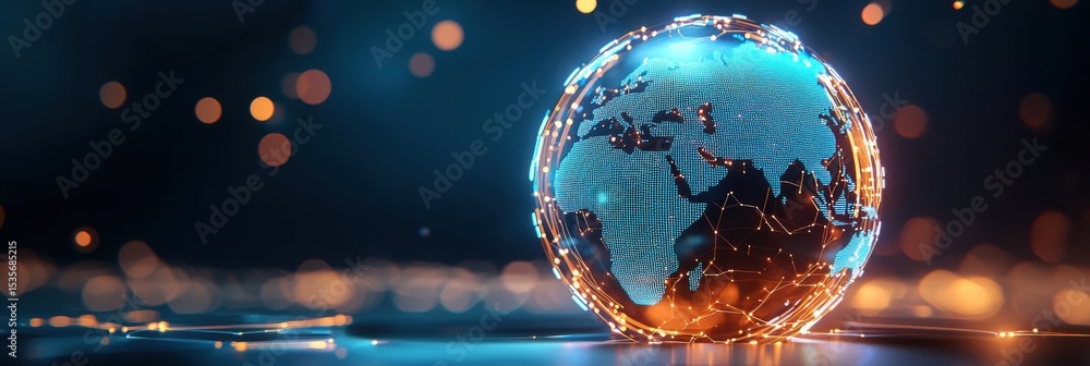 Poster a digital globe with a futuristic, illuminated design showcasing continents on a dark background wit