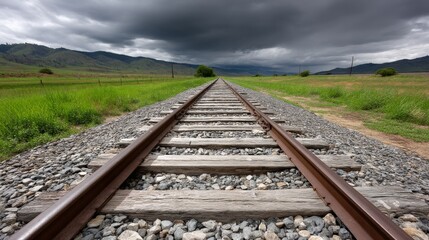Obraz premium Railroad tracks extend into the distance under a cloudy sky in a rural landscape