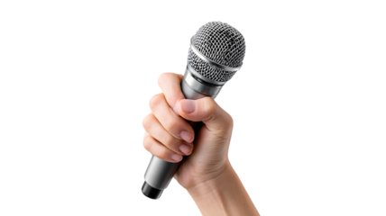 Close up of a hand gripping a modern metallic microphone against a solid isolated on white transparent backdrop for performance and audio related concepts.