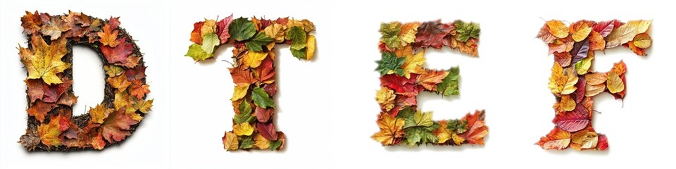 Colorful autumn leaves arranged to form the letters D, T, E, and F in a whimsical display of natureâ€™s beauty