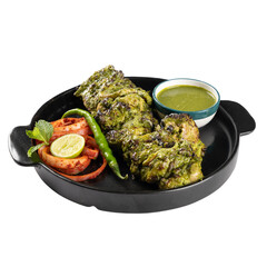 Chicken Hariyali Kebab on a black plate on a Transparent PNG Background