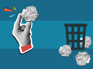 Black and white hand throws crumpled paper into trash can. Vector illustration in a modern collage style