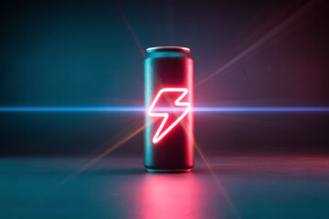 A black energy drink can with a neon lightning bolt symbol on a dark and colorful background scene image