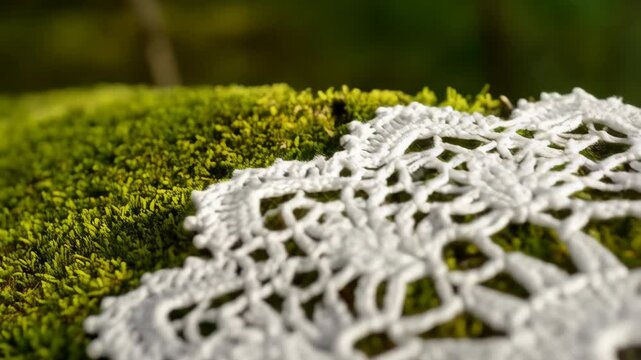White handmade crochet doily artfully displayed upon vibrant green mossy backdrop creates a rustic, natural feel.