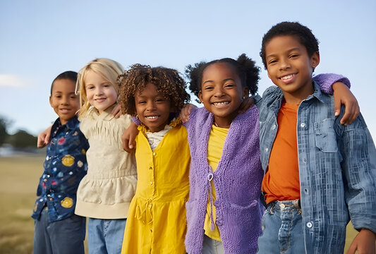 Diverse group of smiling children stand together with arms around each other outdoors.