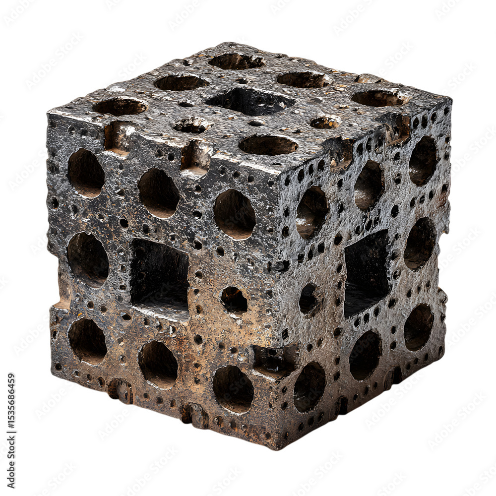 Poster metallic perforated cube sculpture abstract artwork featuring detailed texture and geometric design 
